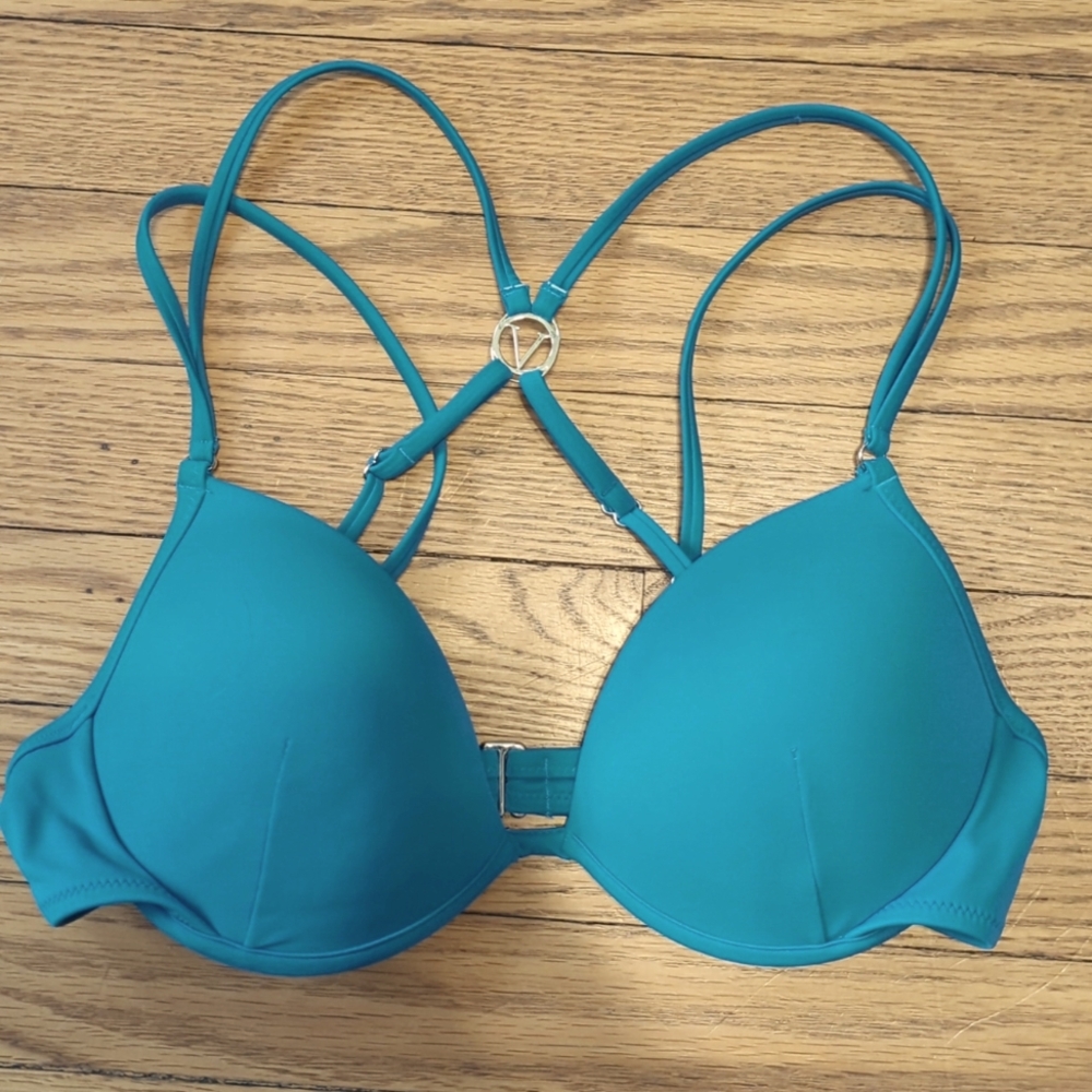 Victoria’s Secret Swim. Push Up Bikini Top. Teal W/Gold Bling Charm. 34C
